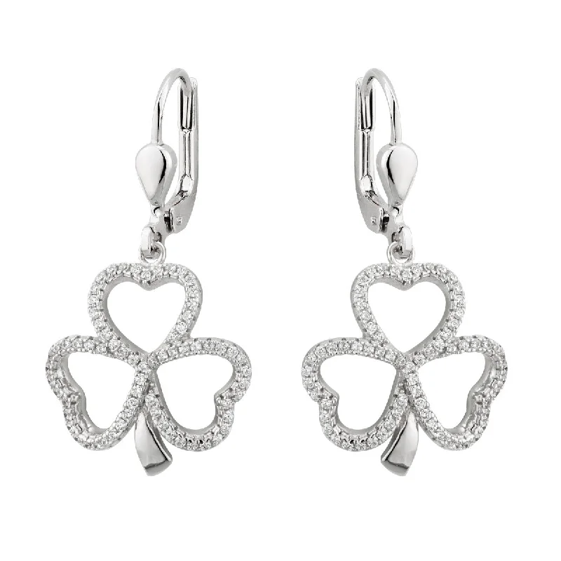 Beautiful Gemstone Earrings For Weddings-Sterling Silver Shamrock Earrings with CZ Stones - S33754