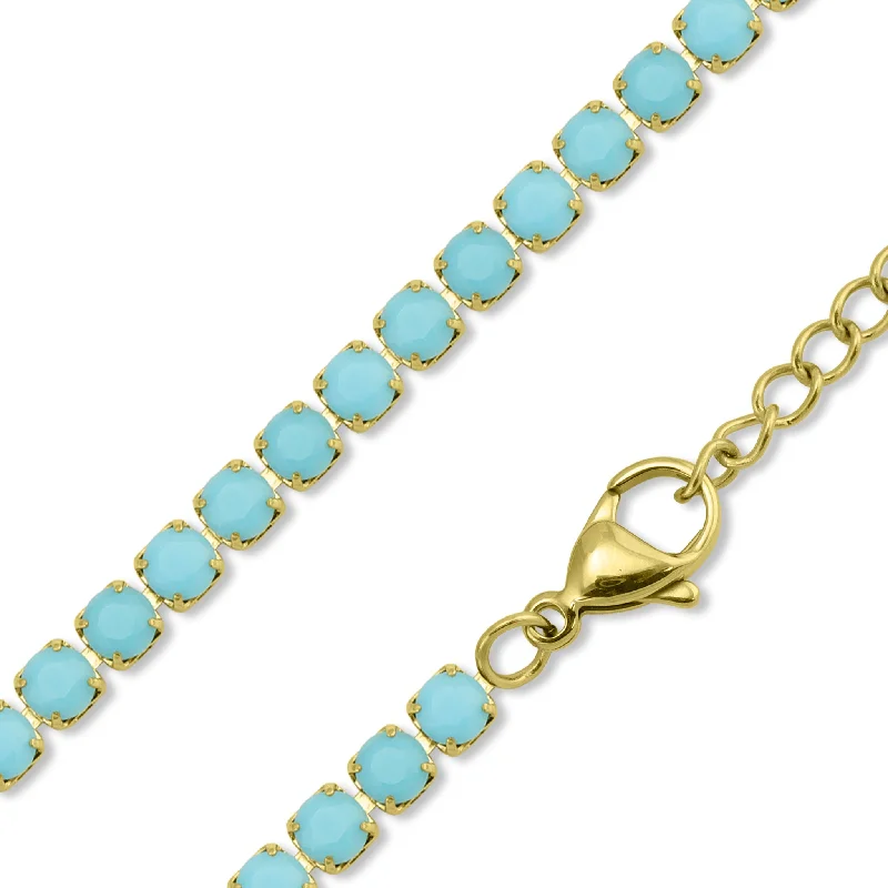 Trendy Beaded Necklaces For Summer Vibes-18k Gold PVD Coated Stainless Steel Turquoise Rhinestone Tennis Chain Necklace With 2" Extension / TNN0006