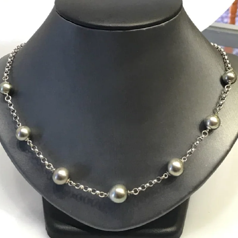 Gold Chain Necklaces For Classic Style-14 Karat White Gold 23" Rolo Link Necklace with South Sea Black Pearls