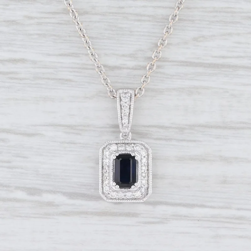 Elegant Pendant Necklaces For Formal Occasions-0.69ctw Blue Sapphire White Diamond Halo Pendant Necklace 14k Gold Adjustable