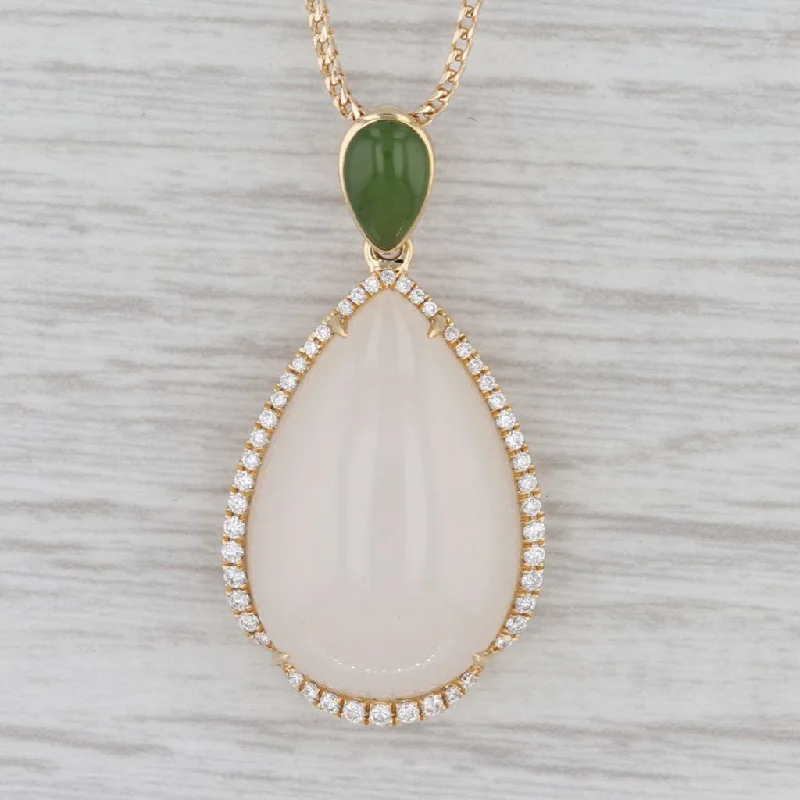 Trendy Bar Necklaces For Bold Fashion Statements-Nephrite Jade Teardrop Diamond Halo Pendant Necklace 14k Yellow Gold 17.5"