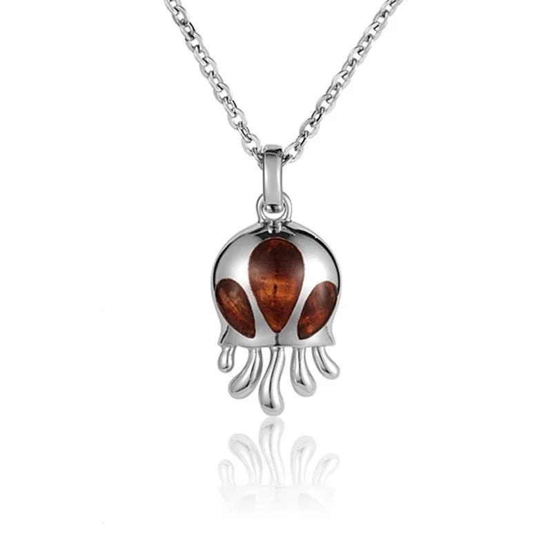 Statement Long Chain Necklaces For Bold Fashion-Sterling Silver Koa Wood Round Jellyfish Pendant18" Necklace