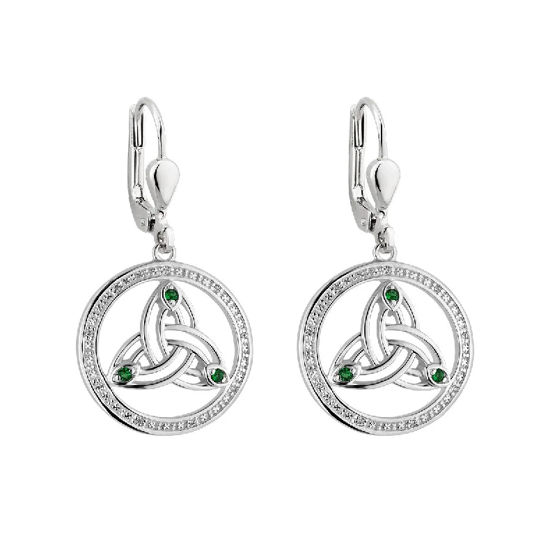 Statement Gemstone Earrings For Bold Fashion-Sterling Silver Circle Trinity Knot Drop Earrings with Green CZ Stones - S34114