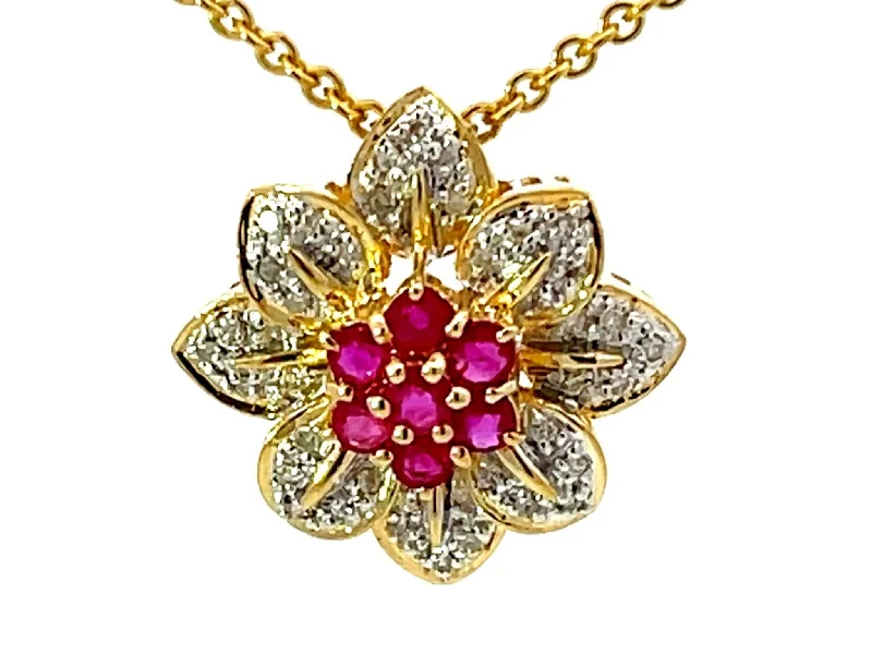 Trendy Chain Necklaces For Fashionistas-Ruby and Diamond Flower Necklace Solid 18k Yellow Gold