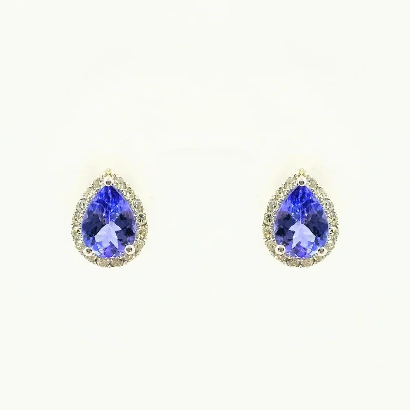 Custom Beaded Earrings For Personalized Gifts-Halo Pear Shape 9 kt White Gold, Tanzanite and Diamond Earrings