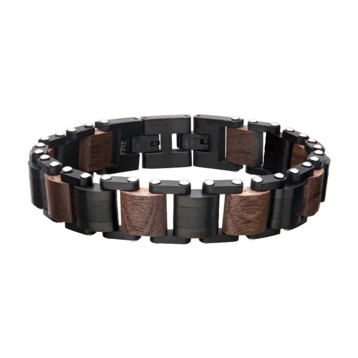 Bracelets With Cultural Patterns-Black Stainless Steel & Walnut Bracelet