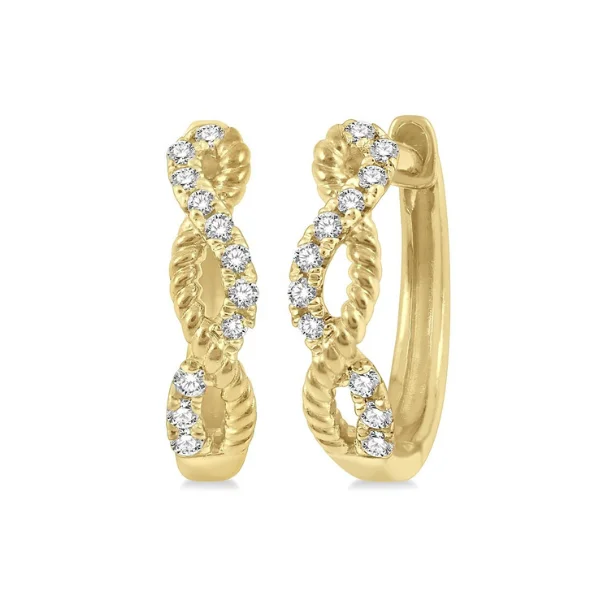 Beautiful Gold Earrings For Weddings-1/10 ctw Split & Twisted Rope and Round Cut Diamond Huggie Earrings in 10K Yellow Gold