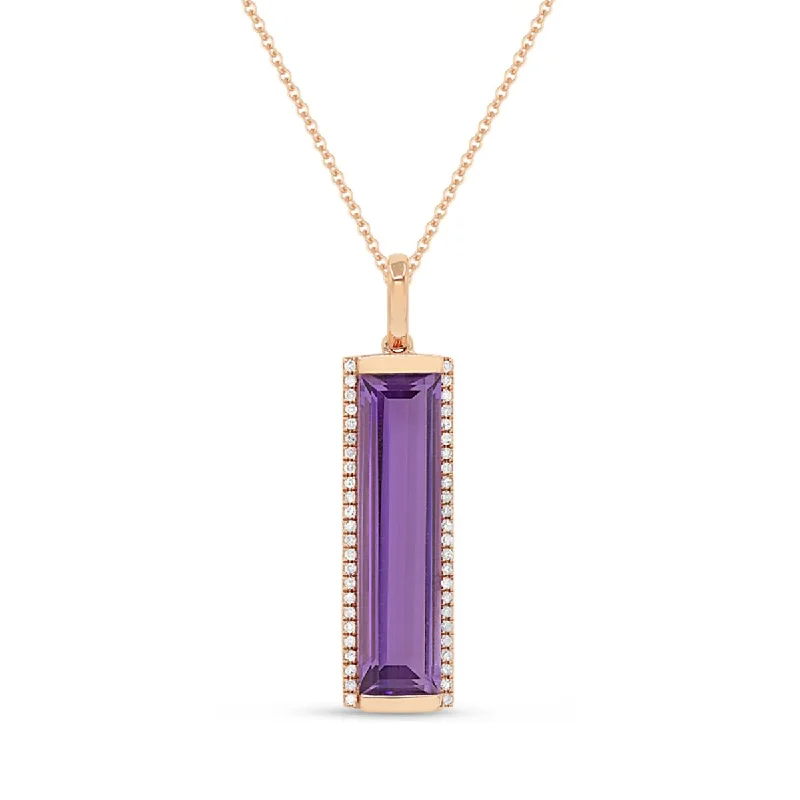 Vintage Gold Necklaces For Retro Jewelry-ROSE GOLD PENDANT NECKLACE WITH BAGUETTE SHAPED AMETHYST, .10  CT TW