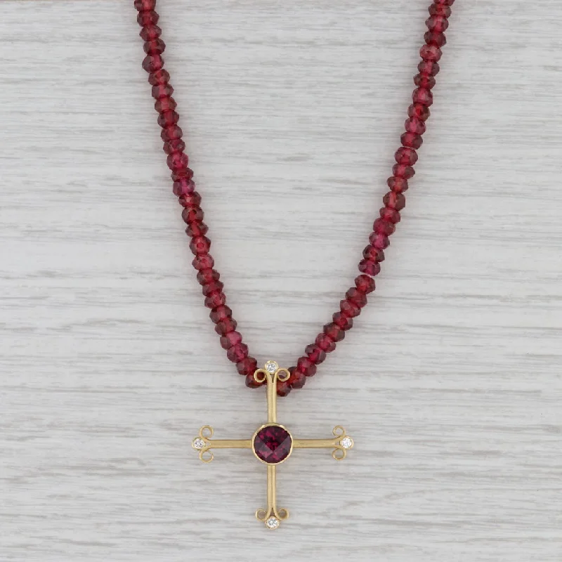 Personalized Birthstone Necklaces For Thoughtful Gifts-Handmade Garnet Bead Diamond Cross Pendant Necklace 18k Gold Designer 35"