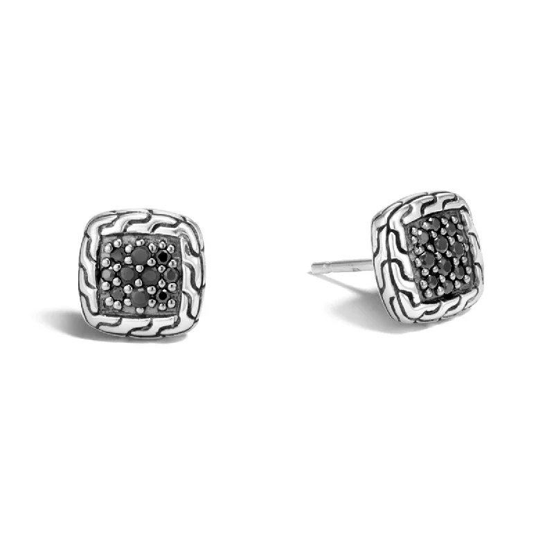 Modern Geometric Earrings-Classic Chain Silver Stud Earrings with Treated Black Sapphire