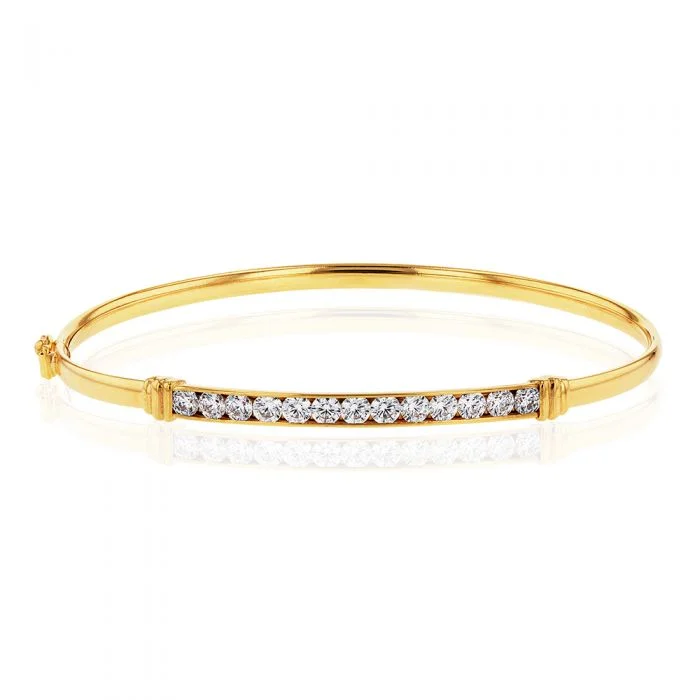 Bangles For Friendship Day-9ct Yellow Gold Zirconia Channel Set Bar Hinged Bangle