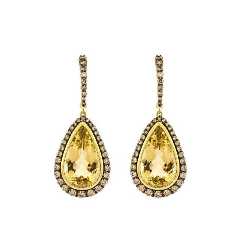 Elegant Drop Earrings For Formal Wear-Champagne Diamond and Yellow Beryl Drop Earrings