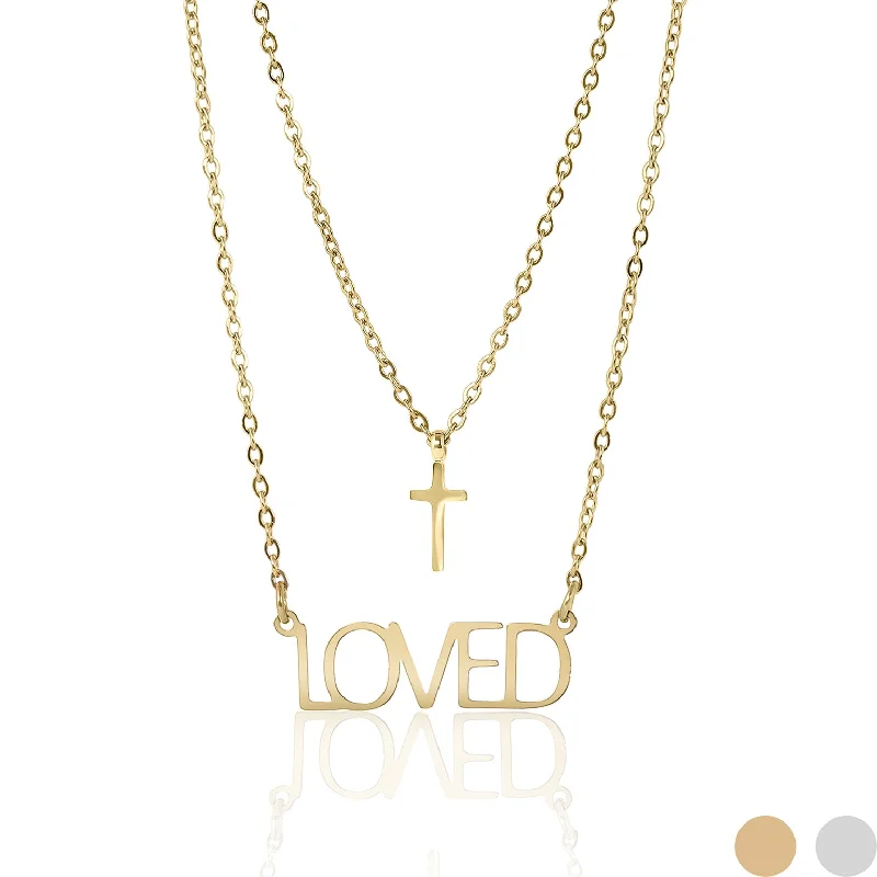 Elegant Pearl Chain Necklaces For Wedding Style-18K Gold PVD Stainless Steel "Loved" Layered Cross Charm Necklace / SBB0324