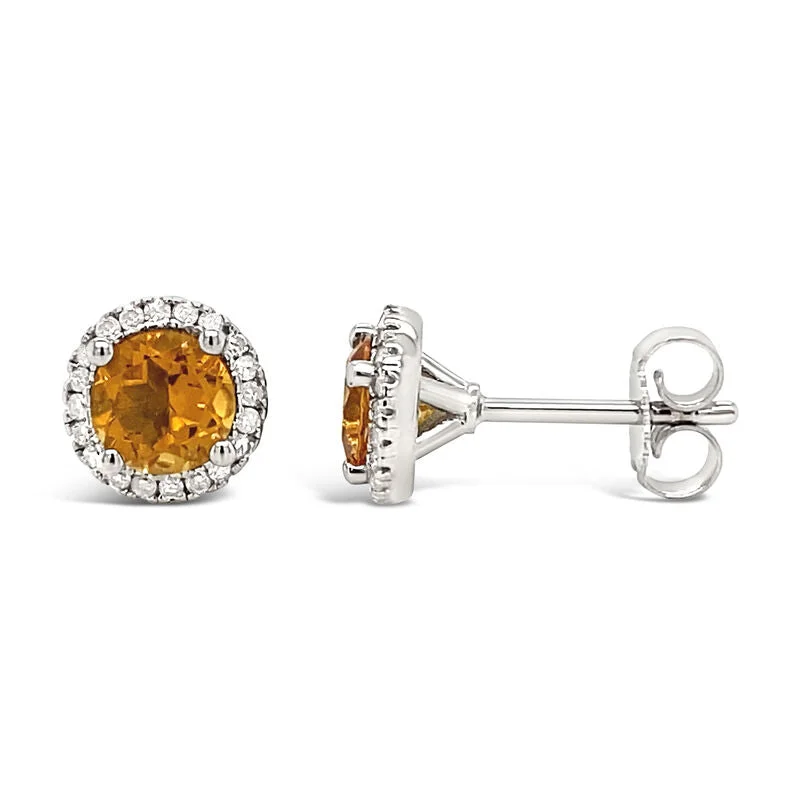 Vintage Drop Earrings For Formal Wear-Round Citrine and Diamond Halo November Birthstone Earrings in Sterling Silver