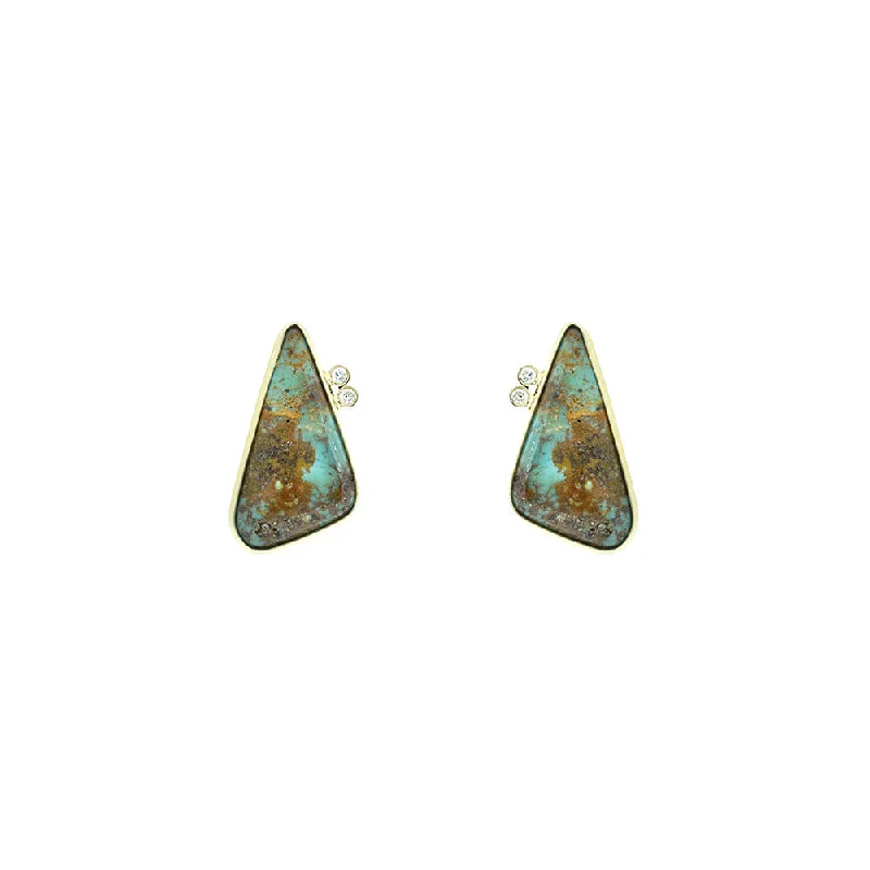 Rose Gold Earrings For Bridesmaids-18 Karat Yellow Gold Triangle Turquoise earrings with White diamond accents